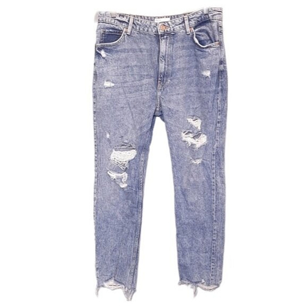 Bershka Emma Distressed Stonewash Jeans High Rise Slim Straight Ankle Denim